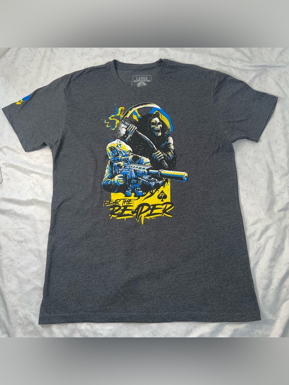 Zero Foxtrot Men’s Graphic T-Shirt “Fear the Reaper”,  Gray, Large